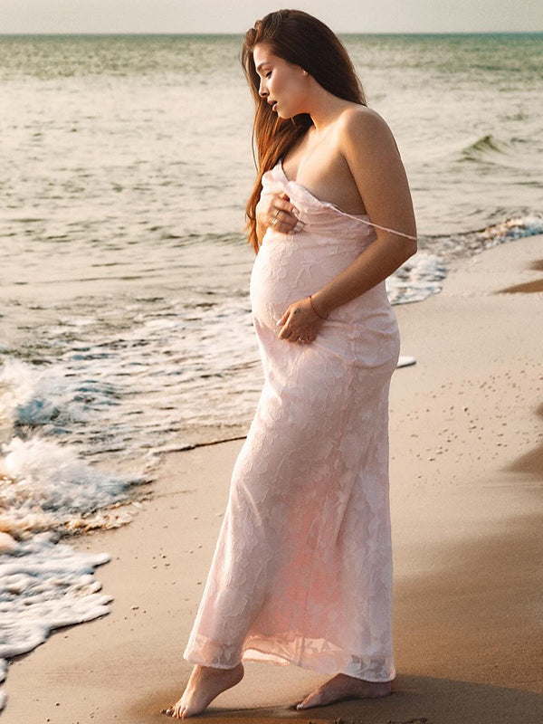 Momyknows Pink Burnout Lace Cami Lace Up Back Maternity Maxi Dress