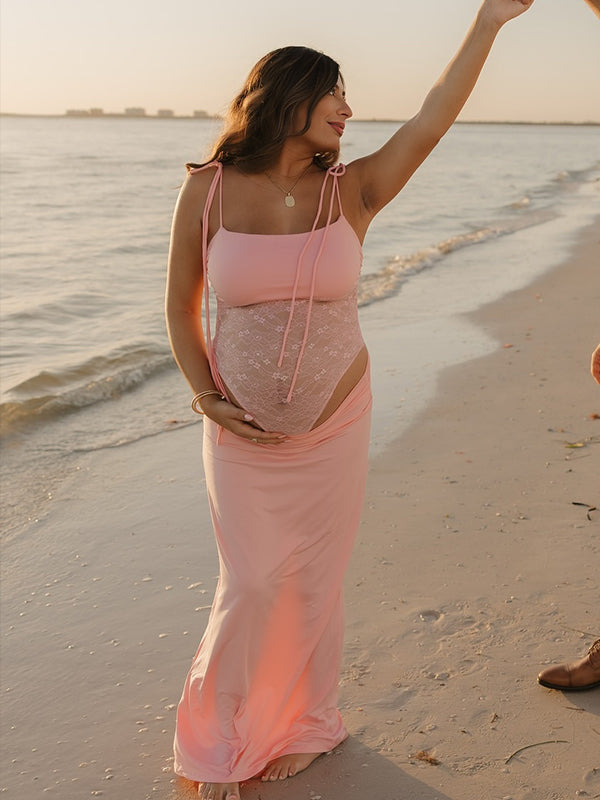 Momyknows Pink Lace Patchwork Ruched Tie Shoulder Starp Maternity Maxi Dress