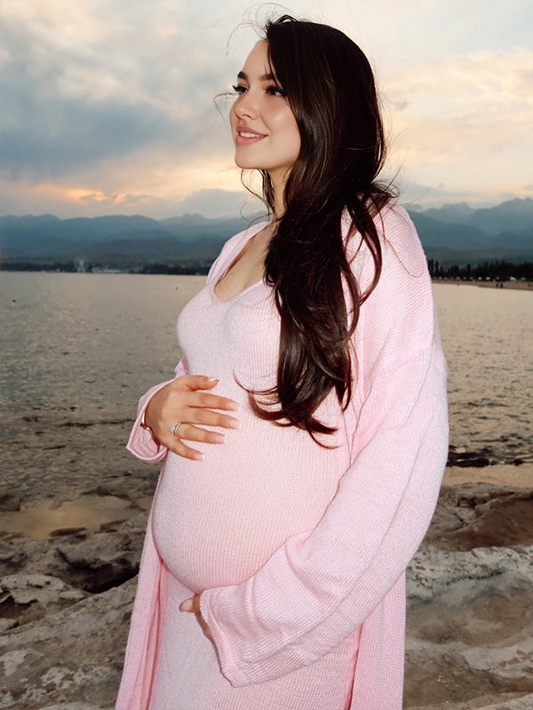 Momyknows Pink Knit Tank Maxi Dress And Long Cardigan Two Piece Set Casual Maternity Knitwear