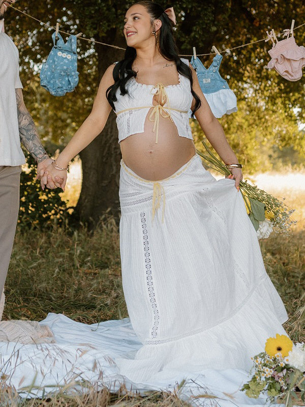 Momyknows White 2 Pieces Lace Cut Out Photoshoot Maternity Maxi Dress
