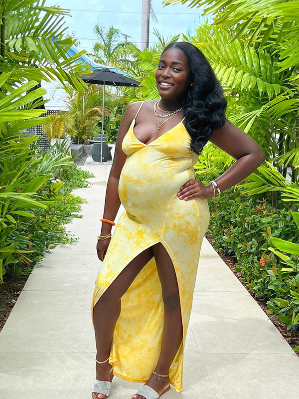 Momyknows Yellow Spaghetti Strap Side Slit Maternity Photoshoot Maxi Dress
