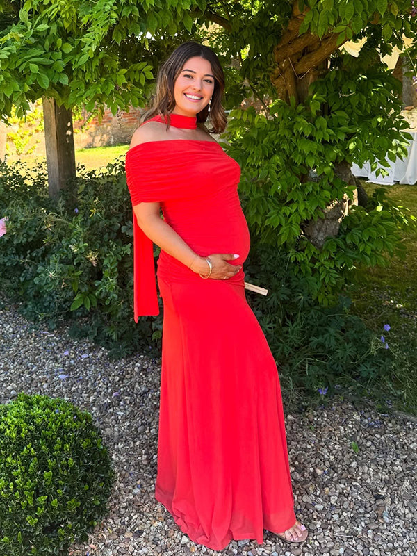 Momyknows Oblique Shoulder Ruched Maternity Photoshoot Maxi Dress