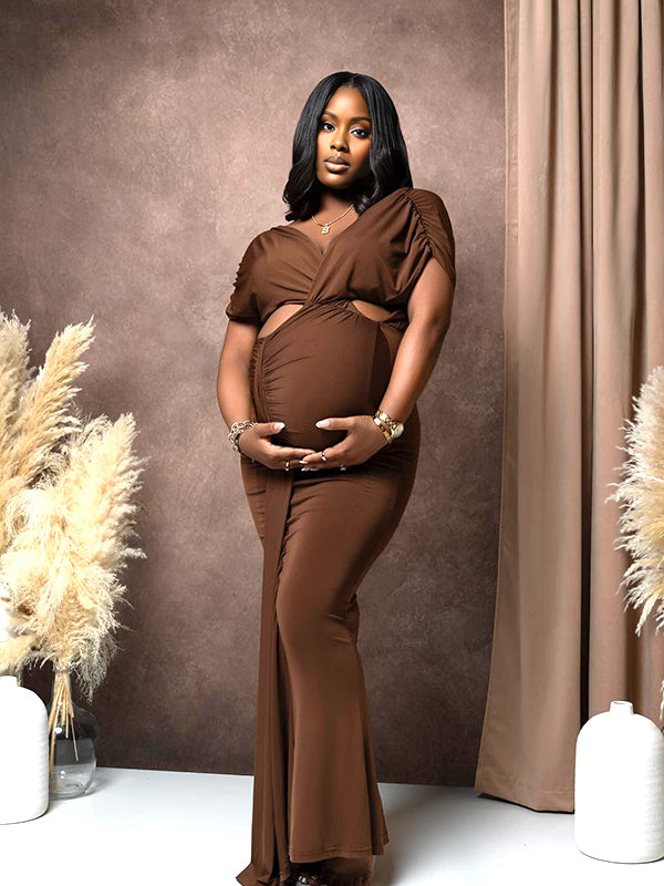 Momyknows Brown Crop Side Slit Ruched Maternity Photoshoot Maxi Dress