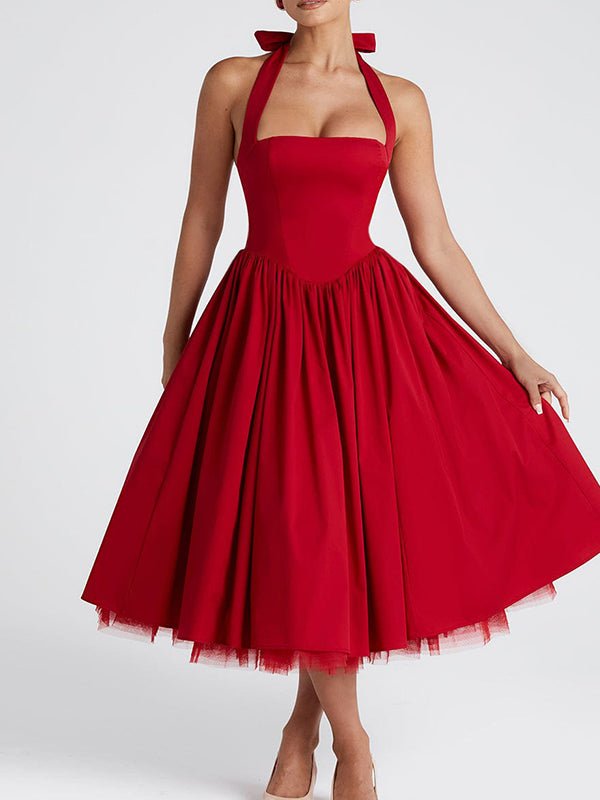 halter neck tutu dress Sleeveless Halter Neck Tulle Tiered Midi Dress - SMALL / NATURAL