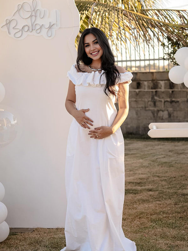 Momyknows White Off Shoulder Ruched Maternity Baby Shower Maxi Dress