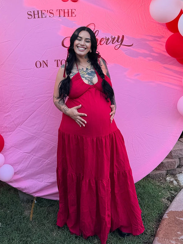 Momyknows Red Halter Neck Spaghetti Strap Ruched Maternity Baby Shower Maxi Dress