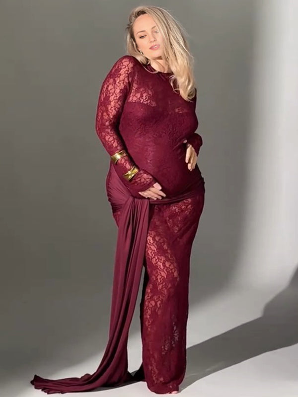 Momyknows Wine Red Lace Openwork Open Back Maternity Photoshoot Maxi Dress