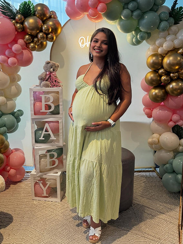 Momyknows Green Halter Neck Spaghetti Strap Ruched Maternity Baby Shower Maxi Dress