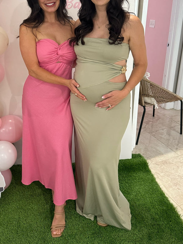 Momyknows Green Open Back Bodycon Maternity Baby Shower Maxi Dress