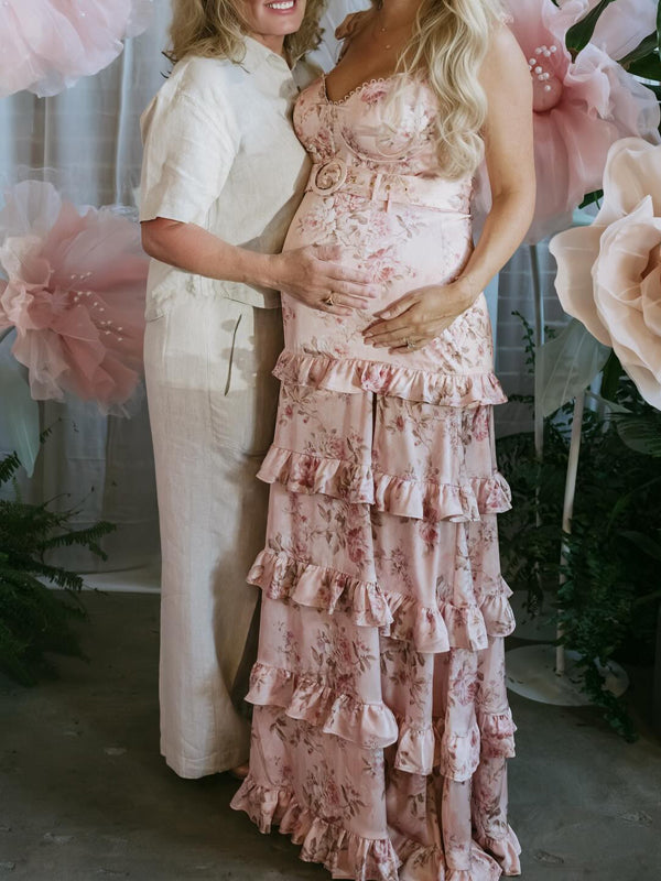 Momyknows Pink Print Side Slit Ruffle Maternity Baby Shower Maxi Dress
