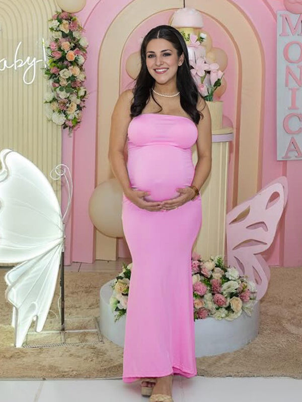 Momyknows Pink Off Shoulder Lace-up Maternity Baby Shower Maxi Dress