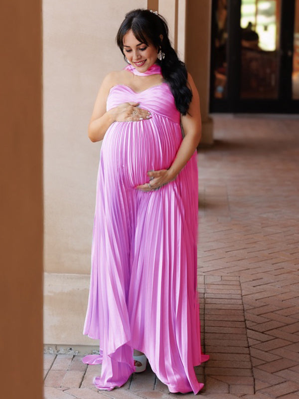 Momyknows Rose Carmine Ruched Ribbon Open Back Maternity Photoshoot Maxi Dress