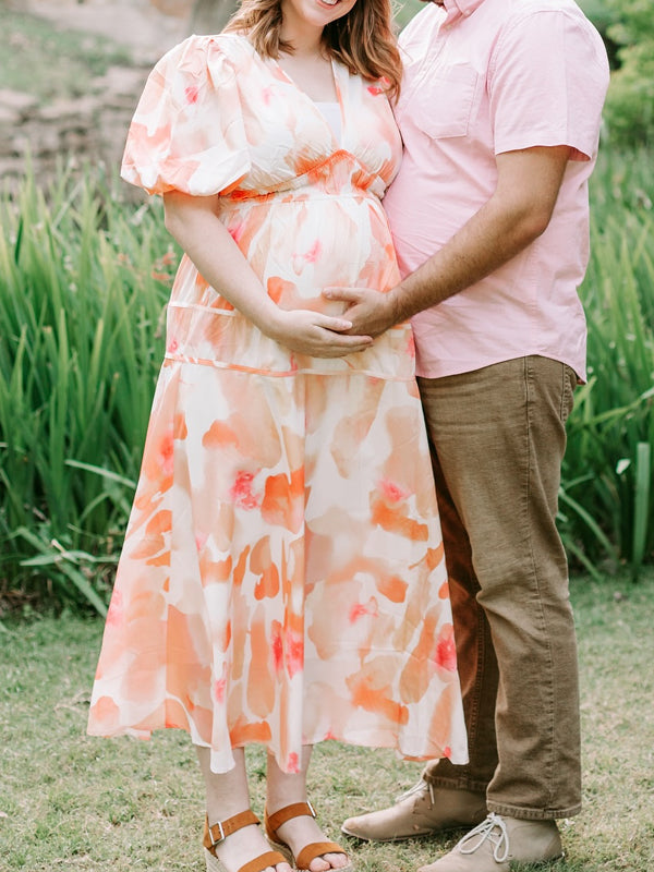 Momyknows Pink Print Bohemian Pleating Maternity Photoshoot Maxi Dress