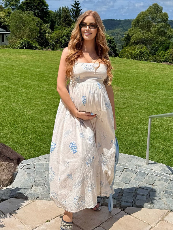 Momyknows Blue Print Spaghetti Strap Open Back Maternity Photoshoot Maxi Dress