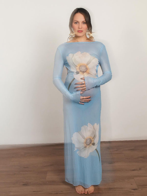 Momyknows Blue Print Grenadine Open Back Lace-up Maternity Photoshoot Maxi Dress