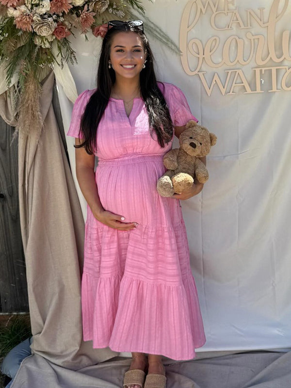 Momyknows Pink V Neck Ruched Splicing Maternity Baby Shower Maxi Dress