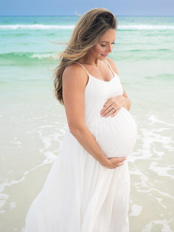 Momyknows White Spaghetti Strap Irregular Ruched Maternity Photoshoot Maxi Dress
