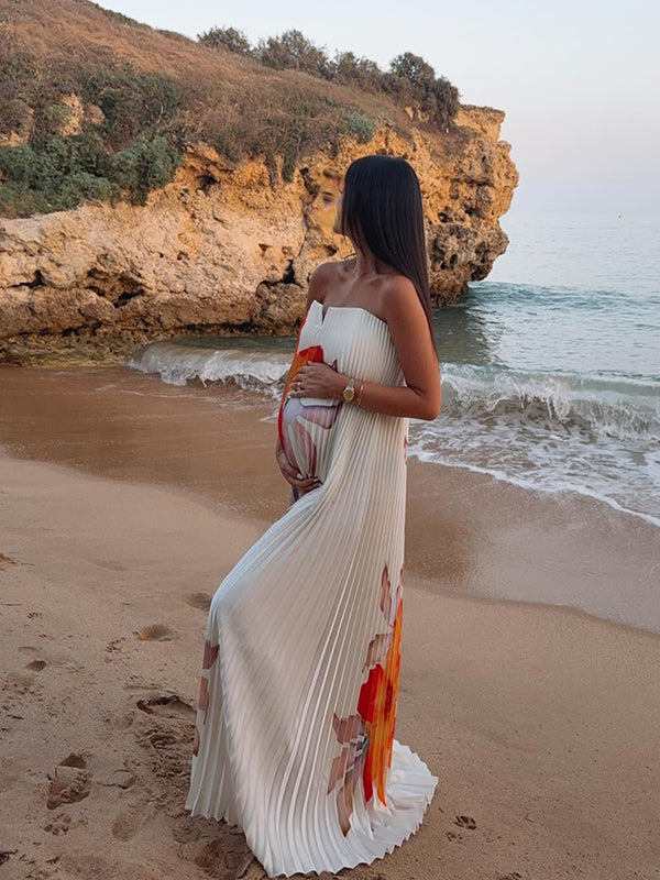 Momyknows White Print Pleating Open Back Maternity Photoshoot Maxi Dress
