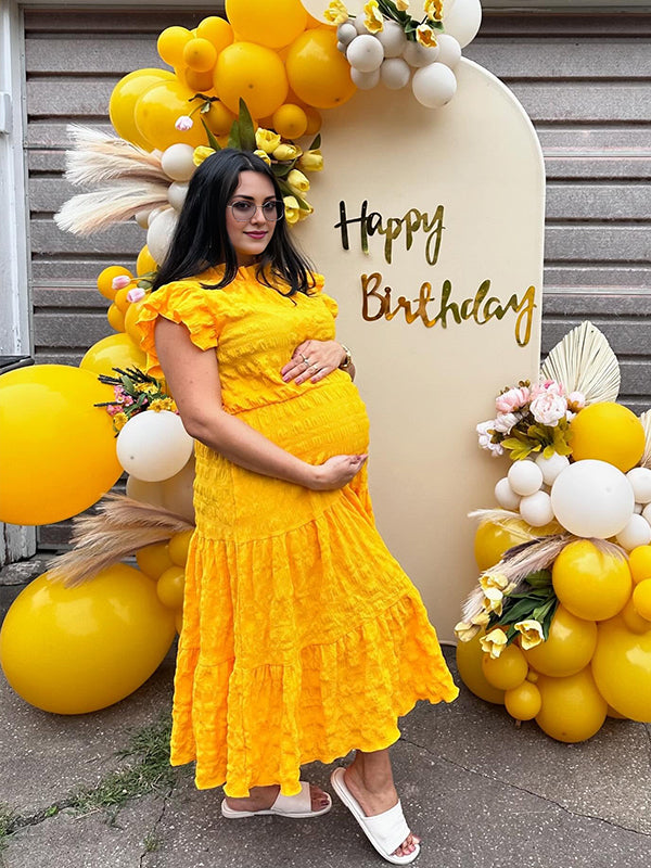 Momyknows Yellow Wood Ear Edge Lace-up Flared sleeves Maternity Baby Shower Maxi Dress