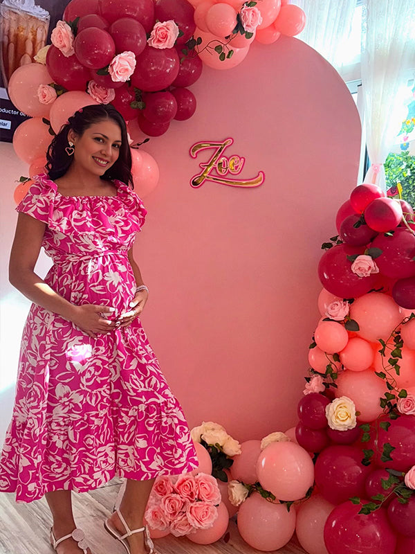 Momyknows Rose Carmine Off Shoulder Falbala Print Maternity Baby Shower Maxi Dress