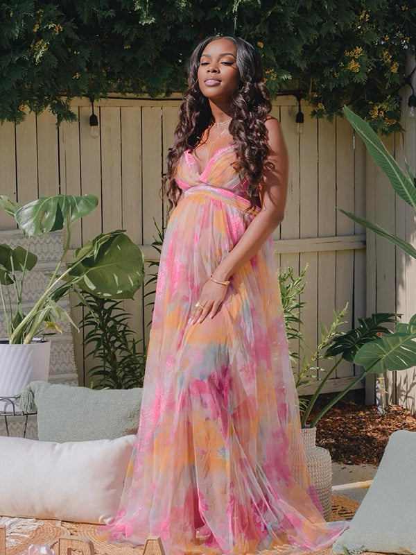 Momyknows Spaghetti Strap Grenadine Print Maternity Baby Shower Maxi Dress