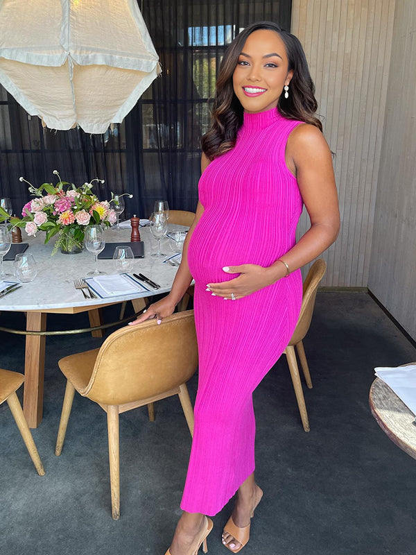 Momyknows Rose Carmine High Neck Crochet Maternity Baby Shower Maxi Dress