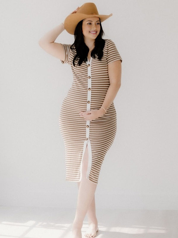 Momyknows Khaki Single Breasted Striped Maternity Photoshoot Midi Dress