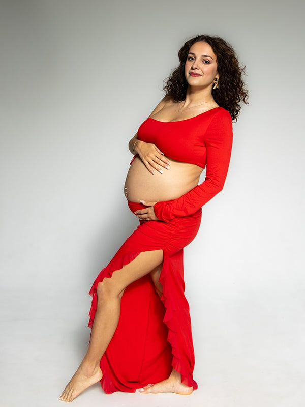 Momyknows Red Kink Side Slit Trim Oblique Shoulder Maternity Photoshoot Maxi Dress