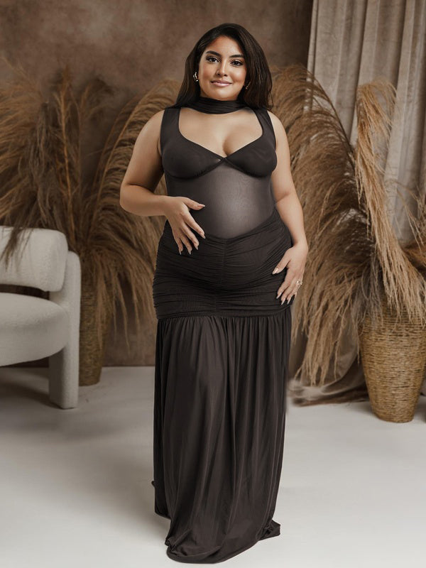 Momyknows Black Off Shoulder Mesh Ruched Side Slit Scarf Backless Maternity Baby Shower Maxi Dress