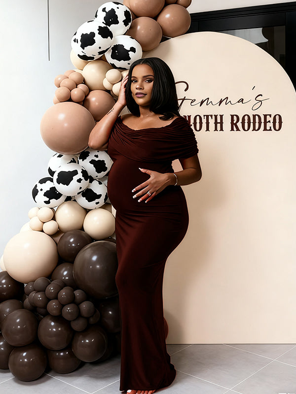 Momyknows Coffee Off Shoulder Ruched Backless Maternity Baby Shower Maxi Dress