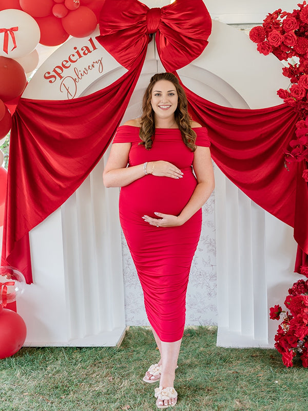 Momyknows Off Shoulder Ruched Side Slit Maternity Baby Shower Maxi Dress