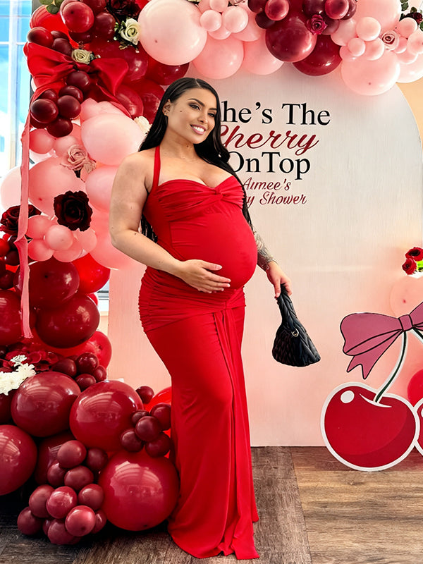 Momyknows White Mesh Ruched Draped Halter Neck Backless Maternity Baby Shower Maxi Dress