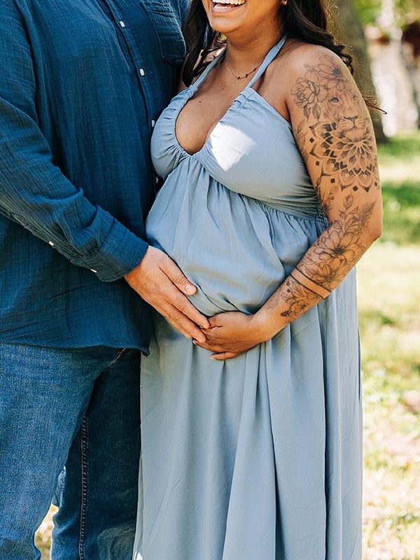 Momyknows Light Blue Deep V Halter Neck Maternity Photoshoot Maxi Dress Light Blue / XL Momyknows Light Blue Deep V Halter Neck Maternity Photoshoot Maxi Dress Light Blue / XL