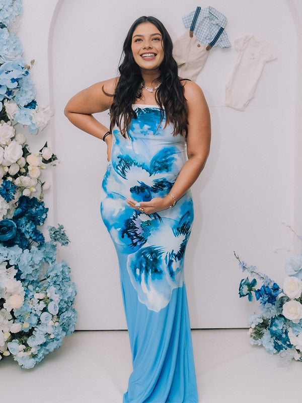 Momyknows Blue Print Open Back Trumpet Maternity Baby Shower Maxi Dress