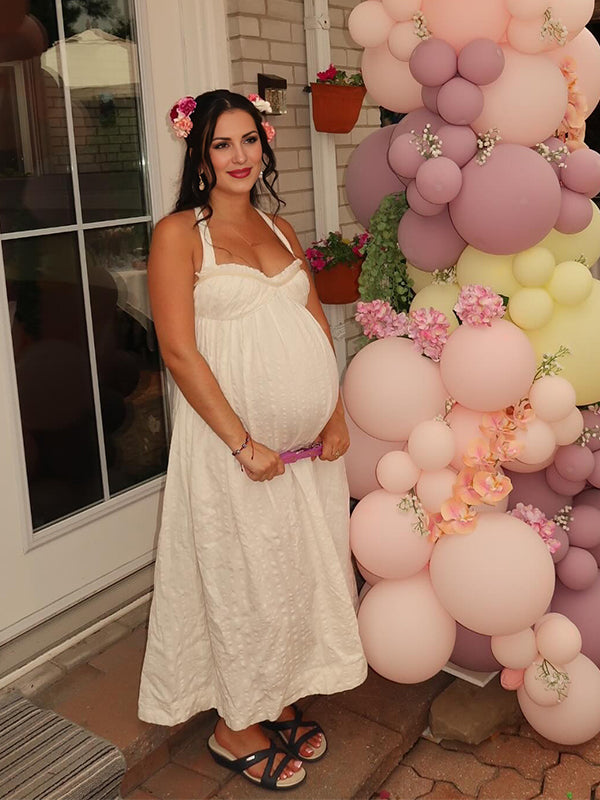 Momyknows Halter Neck Lace-up Ruched Open Back Maternity Baby Shower Maxi Dress