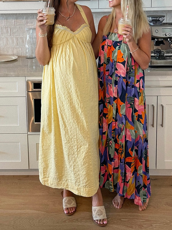 Momyknows Halter Neck Lace-up Ruched Open Back Maternity Baby Shower Maxi Dress Momyknows Halter Neck Lace-up Ruched Open Back Maternity Baby Shower Maxi Dress
