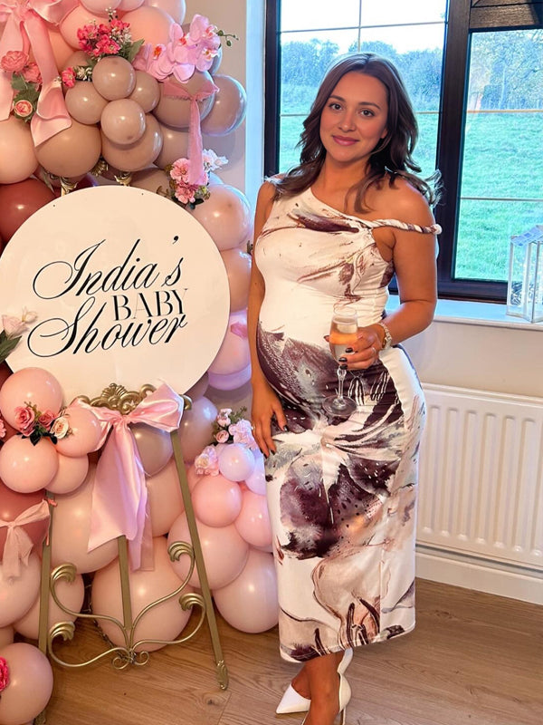 Momyknows Purple Oblique Shoulder Print Ruched Maternity Baby Shower Maxi Dress