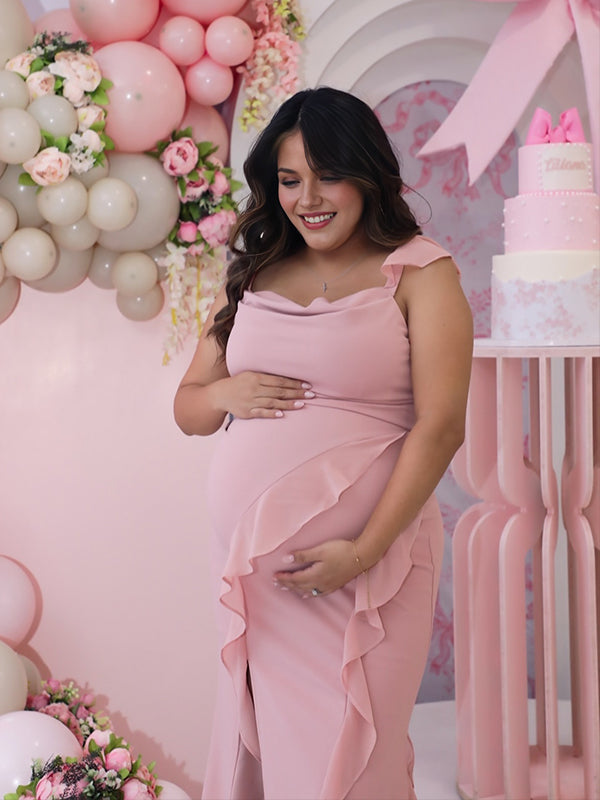 Momyknows Pink Ruffle Falbala Ribbon Side Slit Maternity Baby Shower Maxi Dress