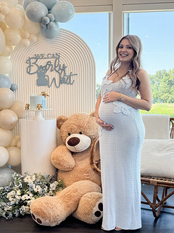 Momyknows Halter Neck 3D Flowers Open Back Maternity Baby Shower Maxi Dress