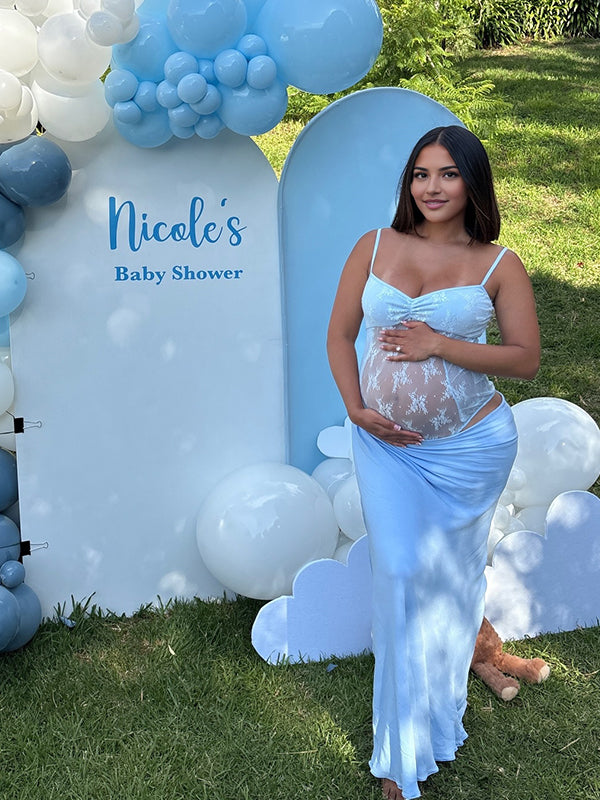 Momyknows Blue Lace Spliced Ruched Spaghetti Strap Maternity Baby Shower Maxi Dress