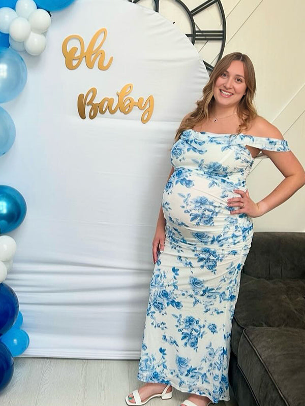 Momyknows Blue Print Off Shoulder Ruched Backless Maternity Baby Shower Maxi Dress