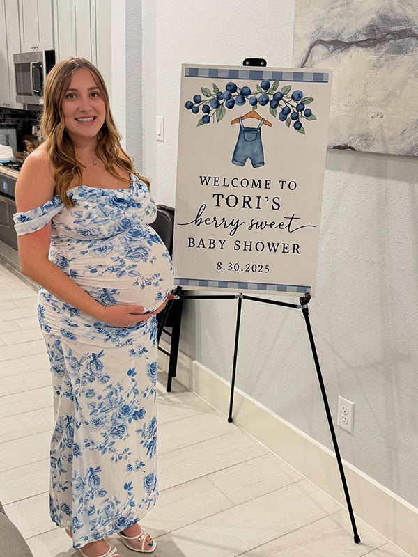 blue and white maternity dress Momyknows Blue Print Off Shoulder Ruched Backless Maternity Baby Shower Maxi Dress Blue Print / S