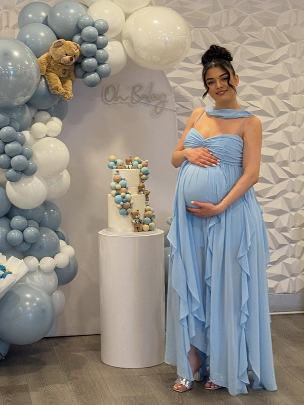 Momyknows Blue Spaghetti Strap Ruffle Falbala Ruched Maternity Baby Shower Maxi Dress