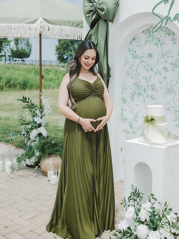 Momyknows Army Green Draped Hem Ruched Backless Spaghetti Strap Maternity Baby Shower Maxi Dress