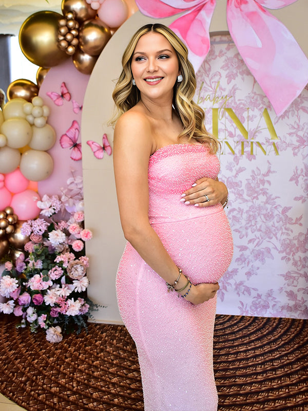 Momyknows Pink Sequin Trumpet Gradient Color Maternity Baby Shower Maxi Dress