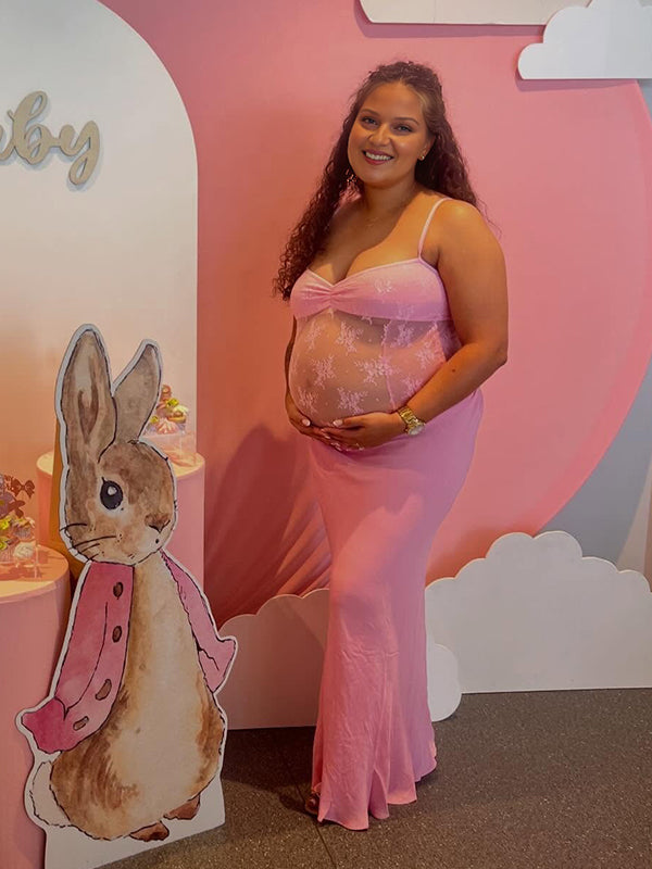 Momyknows Spaghetti Strap Sheer Lace Spliced Maternity Baby Shower Maxi Dress