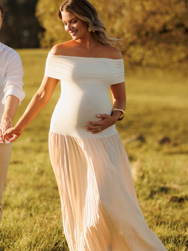 Momyknows Off Shoulder Draped Hem Backless Sheer Maternity Photoshoot Maxi Dress