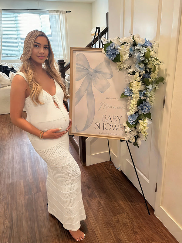 Momyknows White Lace-up Crochet Backless Maternity Baby Shower Maxi Dress