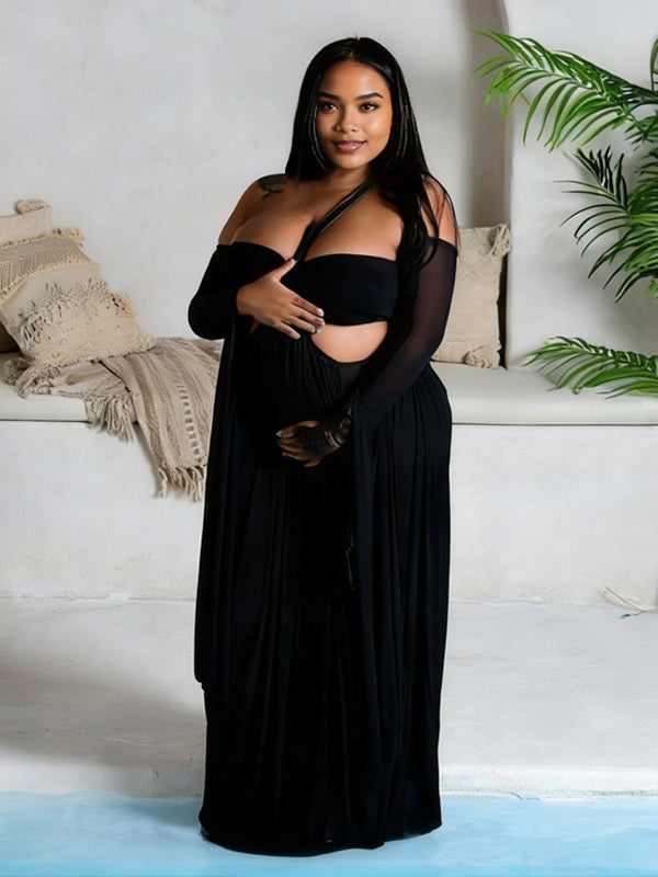 Momyknows Black Off Shoulder Sheer Slit Sleeve Maternity Photoshoot Maxi Dress