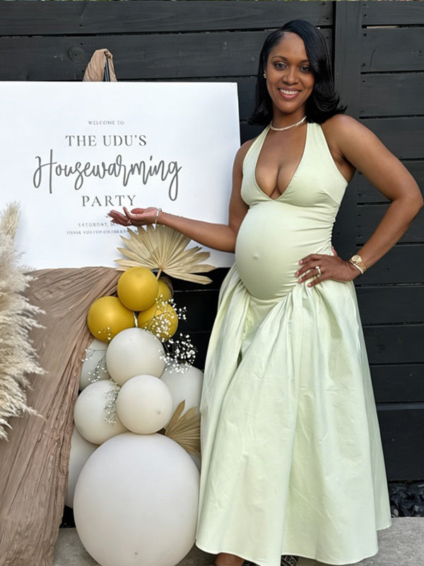 Momyknows Light Green Halter Neck Ruched Zipper Maternity Baby Shower Maxi Dress